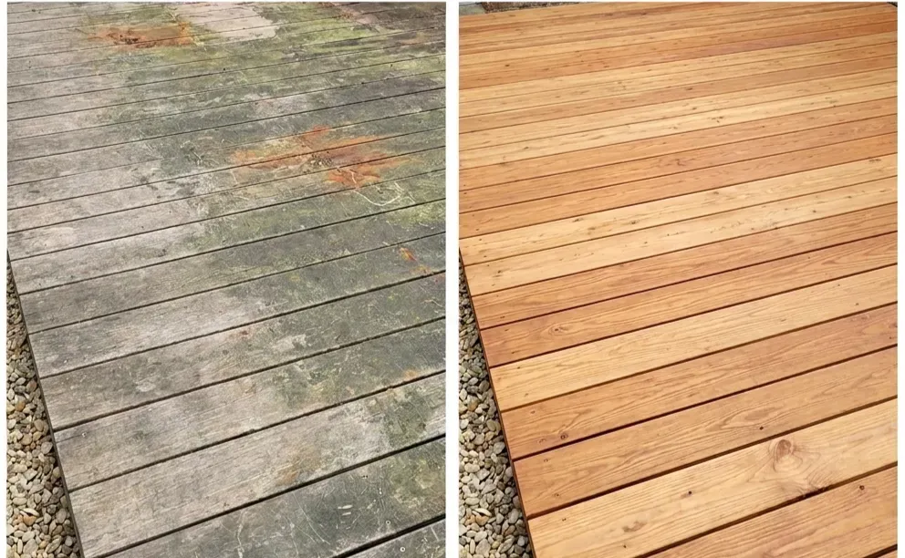 Terrasse retrouvée comme neuve — protégée 12 à 24 mois contre les mousses.